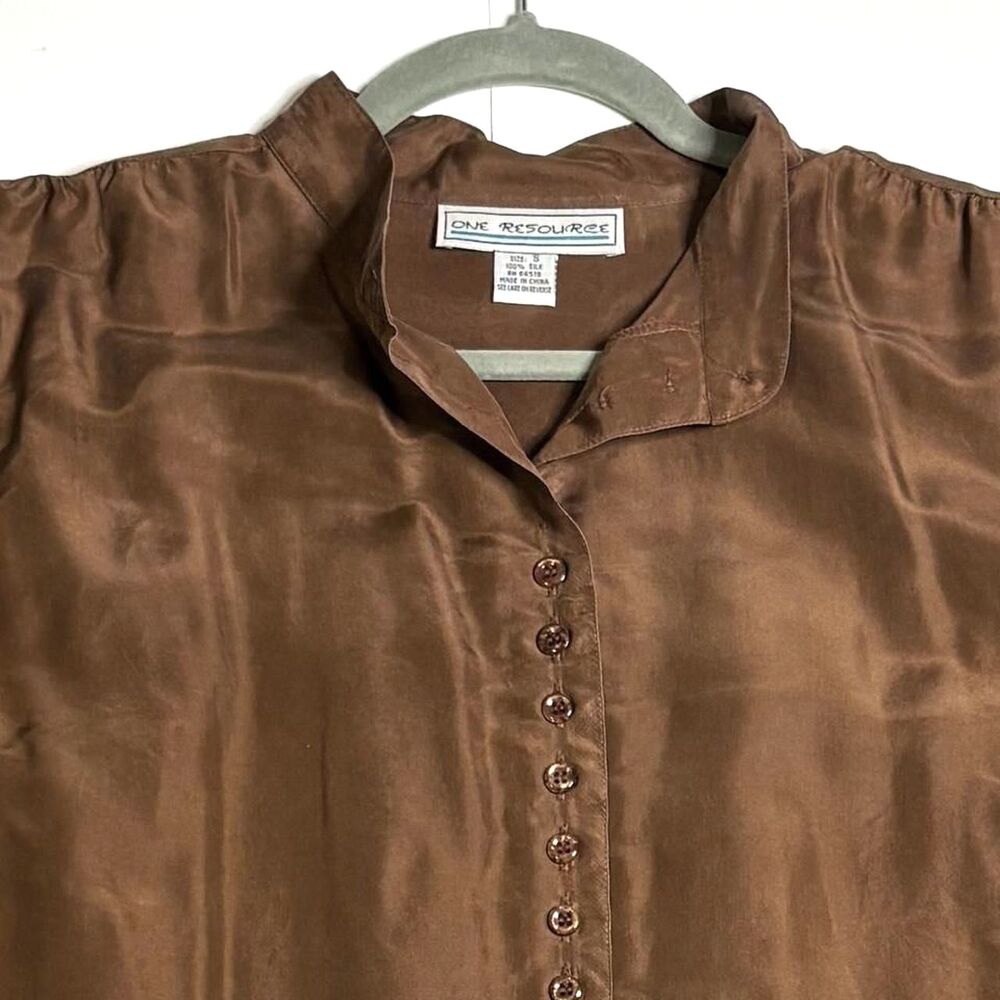 Vintage Women's Brown 100% Silk Long Sleeve Button Up Blouse | Small